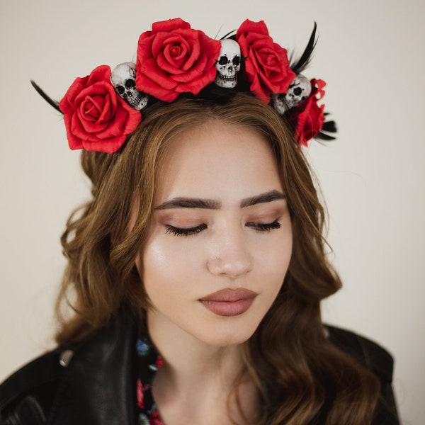 Sugar skull crown, day of the dead headpiece, red roses gothic crown, halloween hair crown. Witch crown