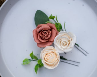 Forcine per capelli da sposa in terracotta set di 3 rose, forcine floreali color arancio bruciato e avorio per matrimoni autunnali.