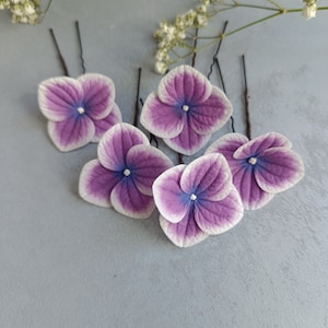 Purple flower hair pins set. Real touch hydrangea floral hair piece for purple wedding.