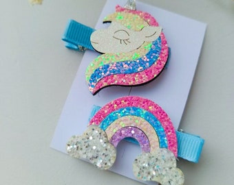 Unicorn hair clip, rainbow hair clip set of 2. Sparkly kids hair accessories for unicorn birthday gift.