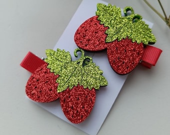 Strawberry hair clips. Summer Glitter hair accessories for toddlers. Red berry hair clips. Baby girl gift.