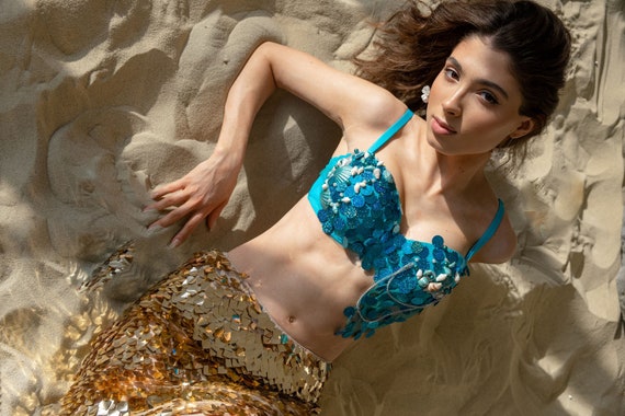 Mermaid Bra, Ariel Seashell Bra Turquoise Mermaid Top With Sequin