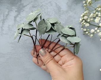 Eucalyptus hair pins Greenery bridal hair pins. Green leaves bridal hair accessories set of 5.