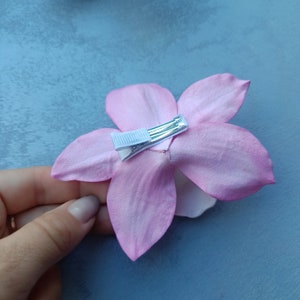 Pink orchid flower hair pin is tropical headpiece. Tiki hair flower for beach wedding. Hawaiian hair accessories. image 9