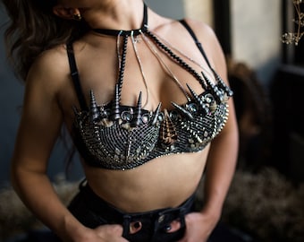 Siren bra, gothic seashell bra with choker Black Mermaid halloween Ariel costume with spikes.