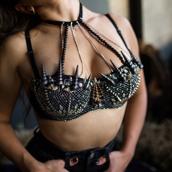 Siren bra, gothic seashell bra with choker Black Mermaid halloween Ariel costume with spikes.