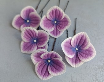 Ensemble d'épingles à cheveux fleur mauve. Pièce de cheveux florale d'hortensias au toucher réel pour un mariage violet.