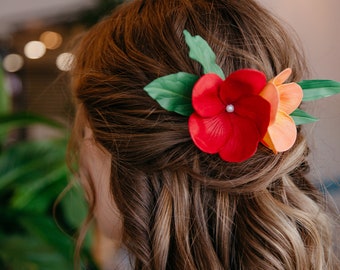 Orange red plumeria flower hair comb,  tropical headpiece, hawaiian hair clip,  tiki hair flower realistic.