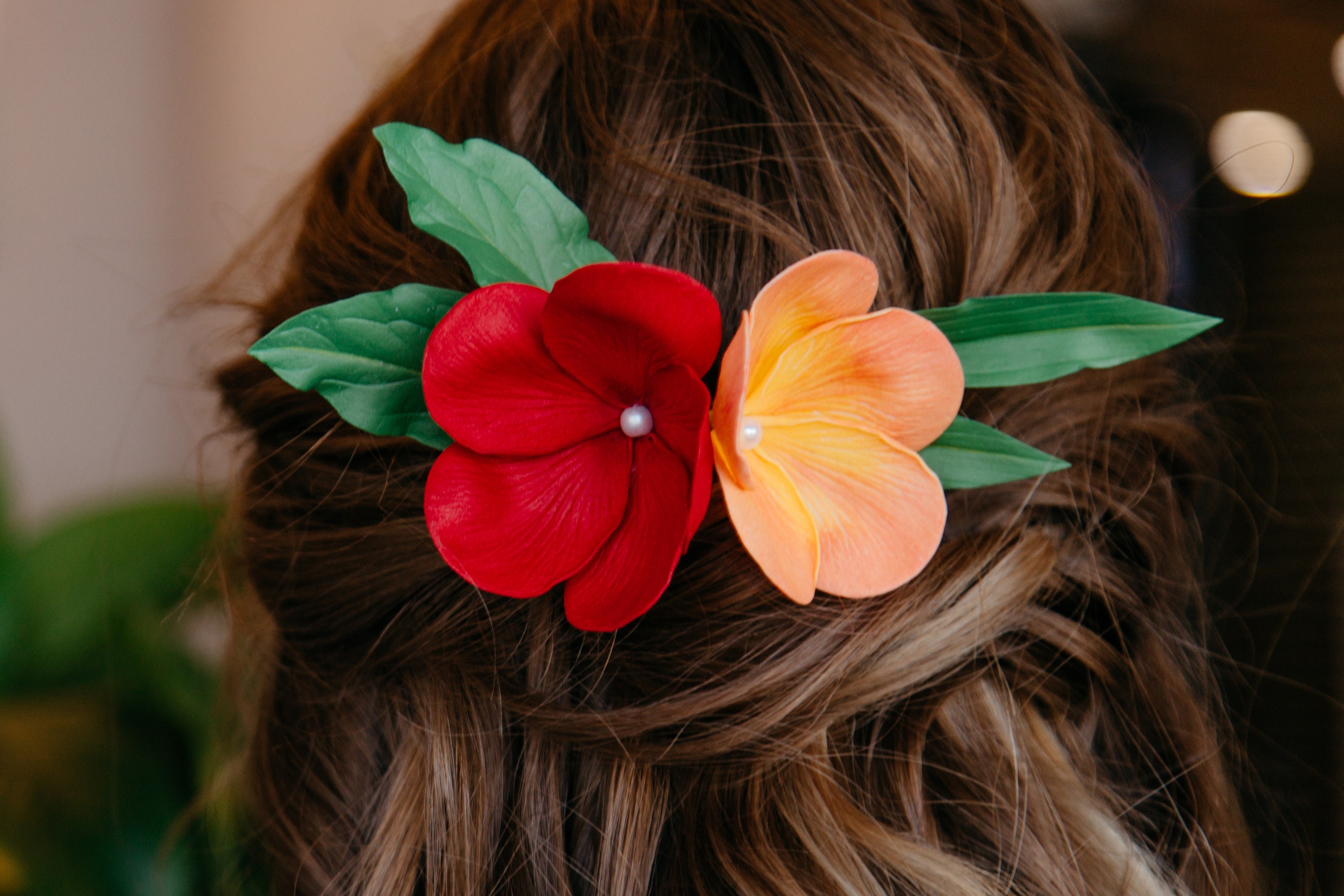 Orange Red Plumeria Flower Hair Comb Tropical Headpiece Etsy
