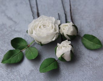 White rose floral hair pins set of 3 with leaves. Rustic wedding hair pins, flower bridal hair piece.