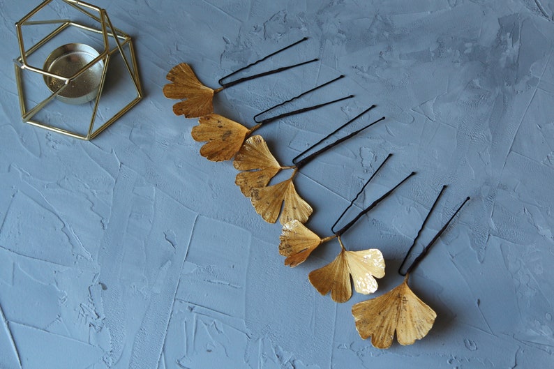 Gold leaf hair pins, Ginkgo hair pins, Art deco wedding hair pins. Gold Ginko hairpin. Gingko jewelry. image 6