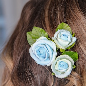 Dusty blue wedding hair pins roses hair pins, flower hair pins set of 3. Bridal hair piece.