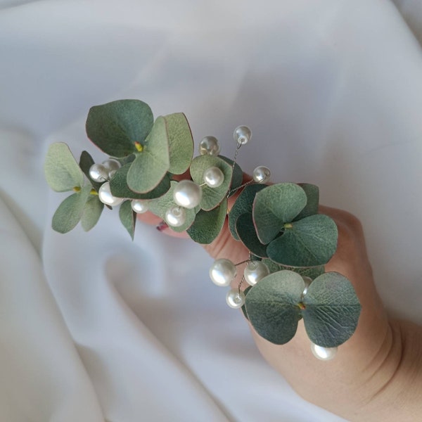 Eucalyptus pearl hair pins Greenery bridal hair piece rustic wedding hair pins.