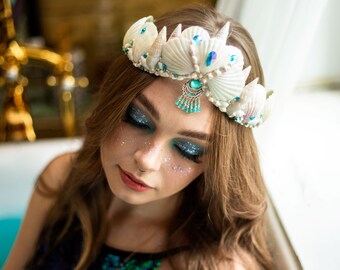 Mermaid crown IN STOCK fairy wedding crown. Shell bridal crown. Burning man festival headpiece.