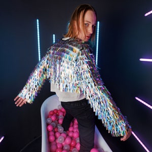 Mens sequin jacket Holographic Rave Outfit. Cropped sequin kimono. Glitter jacket disco, festival wear.