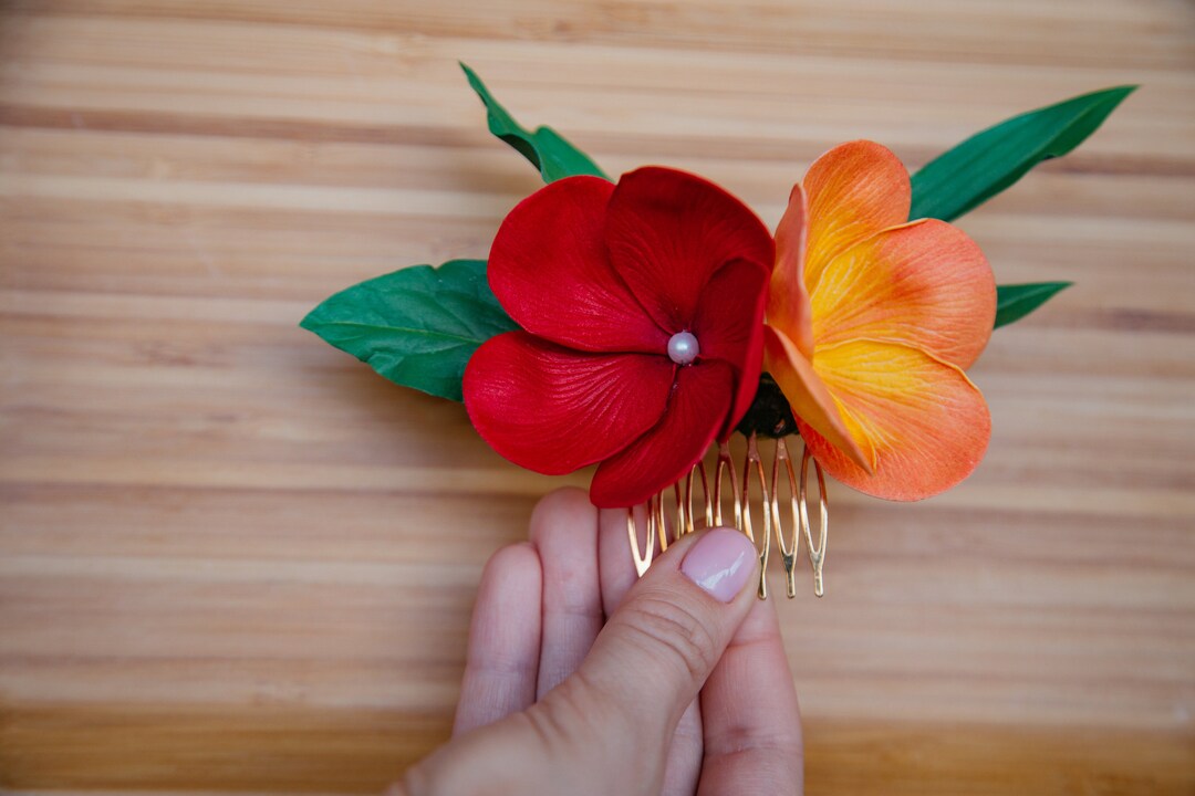 Orange Red Plumeria Flower Hair Comb Tropical Headpiece Etsy