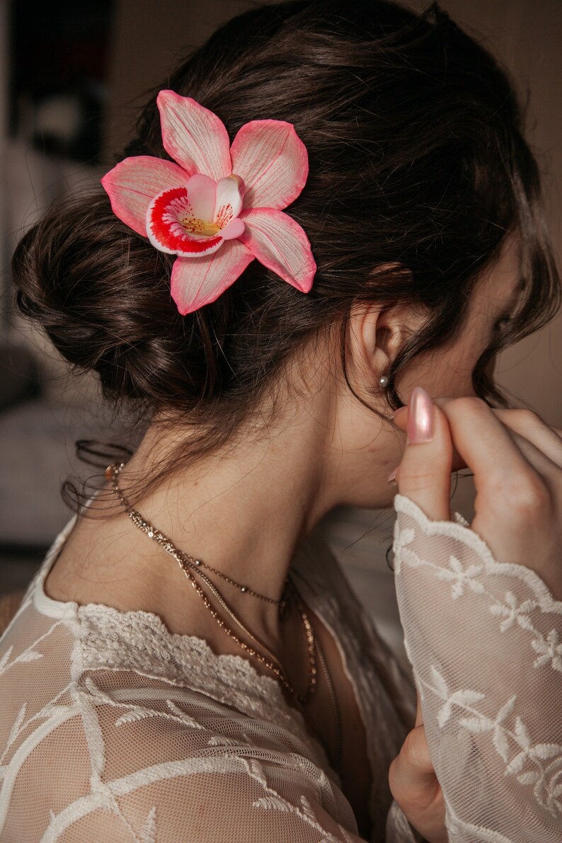 Pink orchid flower hair pin is tropical headpiece. Tiki hair flower for beach wedding. Hawaiian hair accessories. image 1