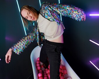 Mens sequin jacket Holographic Rave Outfit. Cropped sequin kimono. Glitter jacket disco, festival wear.
