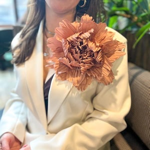 Copper gold flower brooch, oversized peony brooch  Large silk brooch pin. Fashion trending accessory Gift for woman.