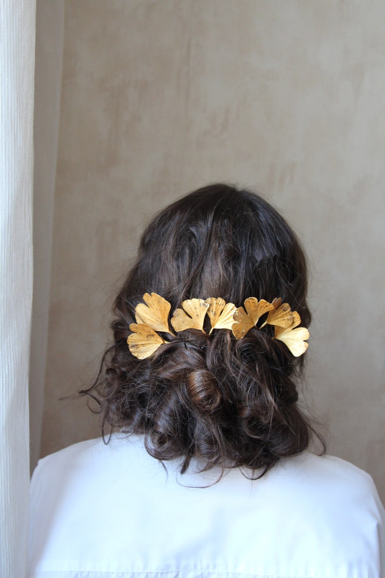 Gold leaf hair pins, Ginkgo hair pins, Art deco wedding hair pins. Gold Ginko hairpin. Gingko jewelry. image 8