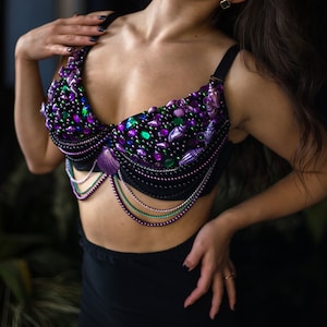 Gothic Mermaid bra with chains, 34DD in stock Purple green rhinestone seashell bra. Halloween costume Ariel.