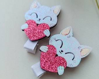 Cat hair clips. Glitter kittens with heart hair clips set of 2. Cute kids hair accessories.