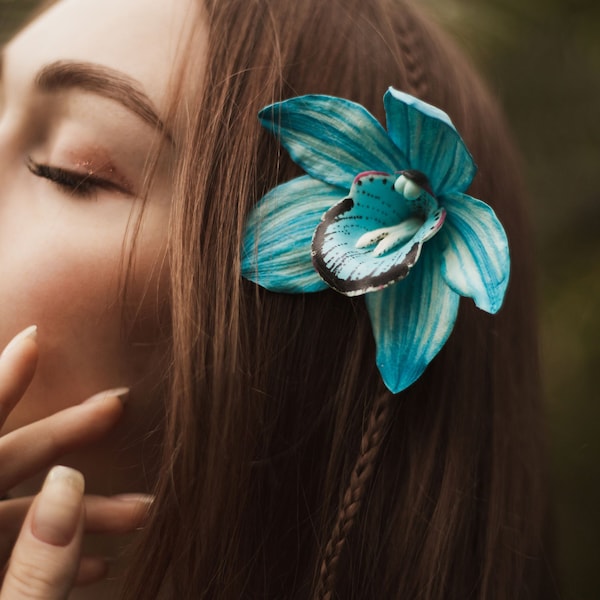 Épingle à cheveux orchidée bleue, épingle à cheveux fleur de mariage tropical. Fleur de cheveux hawaïenne. Fleur de cheveux Tiki