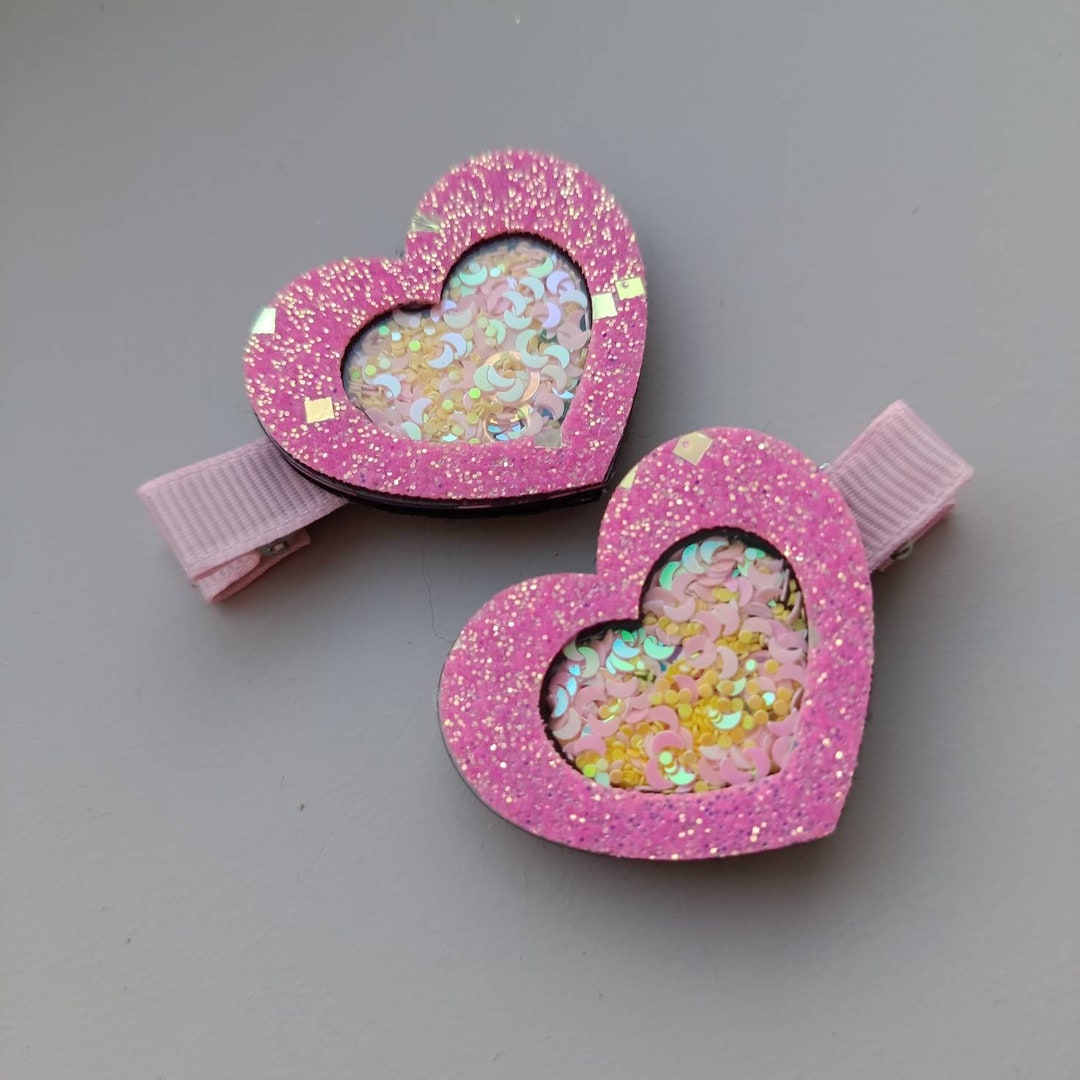 Sparkly Hair Clips Heart Shaped Shaker. Small Hair Clips for Toddler