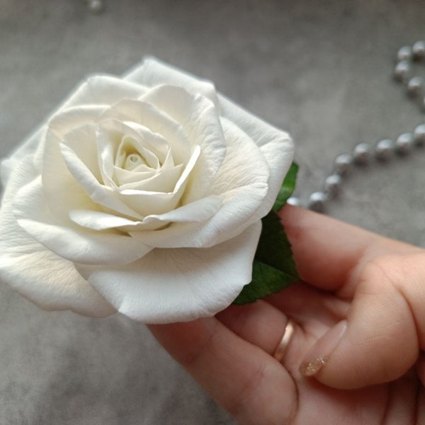 Ivory rose hair clip. Real touch flower hair clip is bridal hair piece.