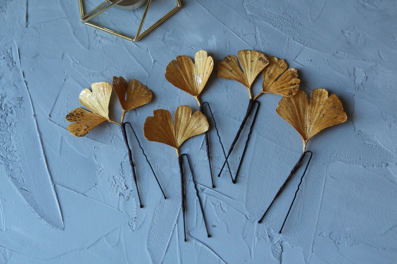 Gold leaf hair pins, Ginkgo hair pins, Art deco wedding hair pins. Gold Ginko hairpin. Gingko jewelry. image 3