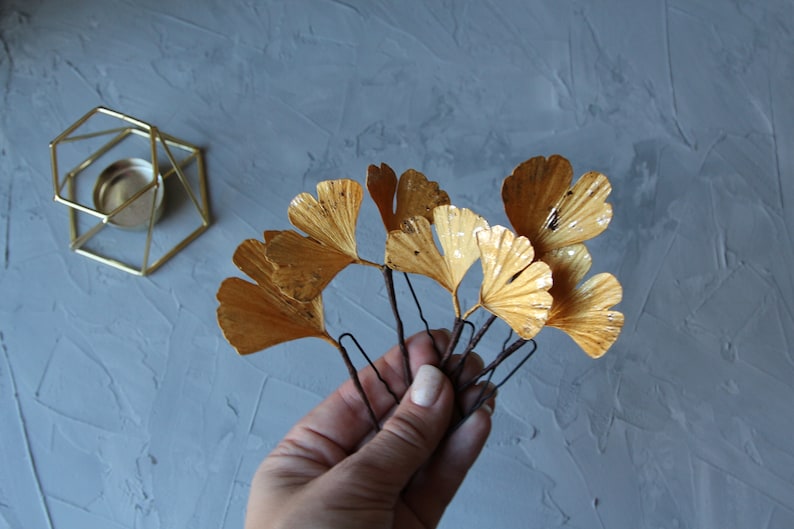 Gold leaf hair pins, Ginkgo hair pins, Art deco wedding hair pins. Gold Ginko hairpin. Gingko jewelry. image 10