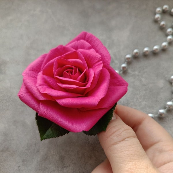 Hot pink rose hair clip. Realistic floral hair clip. Tiki hair flower ,floral hair piece for rustic wedding.