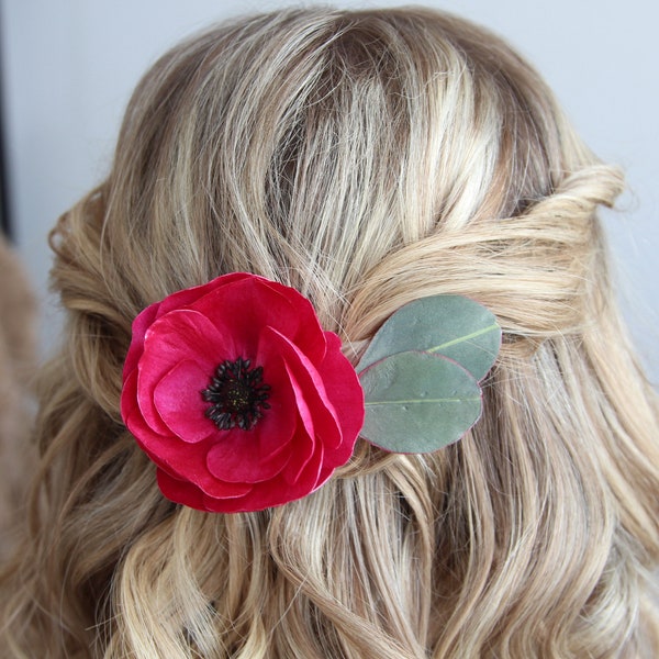 Magenta flower hair clip , dark pink flower hair accessories. fall wedding clip with anemone eucalyptus. wildflower wedding head piece.