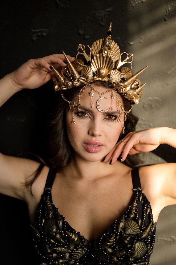 Gold Mermaid Crown, Moon Headpiece. Sea Shell Crown  display picture 3