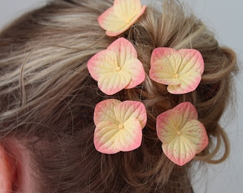 pink yellow hydrangea flower hair pins set of 5 for fall wedding headpiece. Autumn hair pins