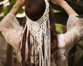 Boho hoofddeksel, boho sluier voor festivalbruid. Macrame sluier, boho bruids douche hoofddeksel. Boho-zendspoel