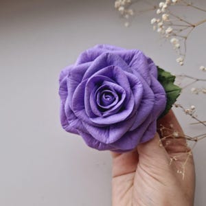 Purple rose hair clip. Tiki hair flower. Tropical wedding hair accessories. Real touch flower for purple bridesmaid or bride.