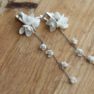 Long white flower earrings, boho bridal earrings, floral drop earrings. Silver Prom Earrings