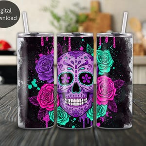 Floral Skull Tumbler Wrap for 20 oz Skinny Tumbler, Sugar Skull Tumbler Wrap Png, Rose tumbler wrap, Roses Tumbler Design, Skull Tumbler Png