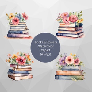 Watercolor Book Png Clipart, Stack of Books With Flowers, Floral Book Png, Book sublimation, Book Lover Png