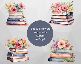 Watercolor Book Png Clipart, Stack of Books With Flowers, Floral Book Png, Book sublimation, Book Lover Png