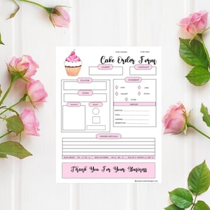 Puede incluir: Un formulario de pedido de pastel imprimible con un esquema de color rosa y blanco. El formulario incluye secciones para la información del cliente, el sabor, el glaseado, el pago y los detalles del pedido. El formulario también incluye una ilustración de cupcake rosa.