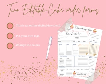 May include: Two printable cupcake order forms with pink and white floral designs. The forms include sections for customer information, cake flavors, frosting, quantity, notes, custom colors, allergy information, and payment and totals. The text "Attach any pictures and designs to the back" is included on the form.