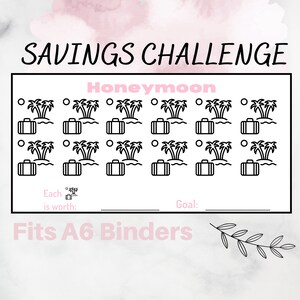 May include: A printable savings challenge tracker with a honeymoon theme. The tracker features a grid of 24 suitcase icons with palm trees. The text "Savings Challenge" is at the top of the page, and the text "Honeymoon" is in the center of the page. The text "Each" is followed by a suitcase icon with palm trees, and the text "is worth:" is below. The text "Goal:" is on the right side of the page. The text "Fits A6 Binders" is at the bottom of the page.