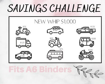 May include: A savings challenge chart with a goal of £1,000. The chart features various vehicles with different price points, including a car, truck, motorcycle, van, and scooter. The text "Fits A6 Binders" is at the bottom of the chart.