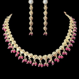 Pearl and ruby gold plated jadau silver necklace with earrings , Gold plated , Deccan jewelry