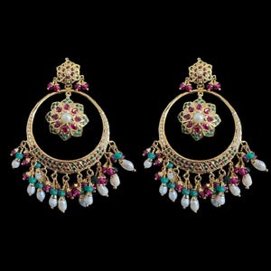 SER20 Ruby emerald chandbali-oorbellen|92,5 zilver|vergulde oorbellen|zoetwaterpareloorbellen|jadau-sieraden|etnische sieraden|bruidssets