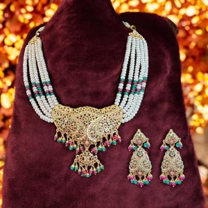 Gold Plated Jadau Necklace Earrings: Ruby, Emerald, Pearl, Silver
