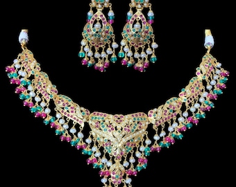 Ruby Emerald Jadau-ketting, oorbellen: vergulde Indiase sieraden
