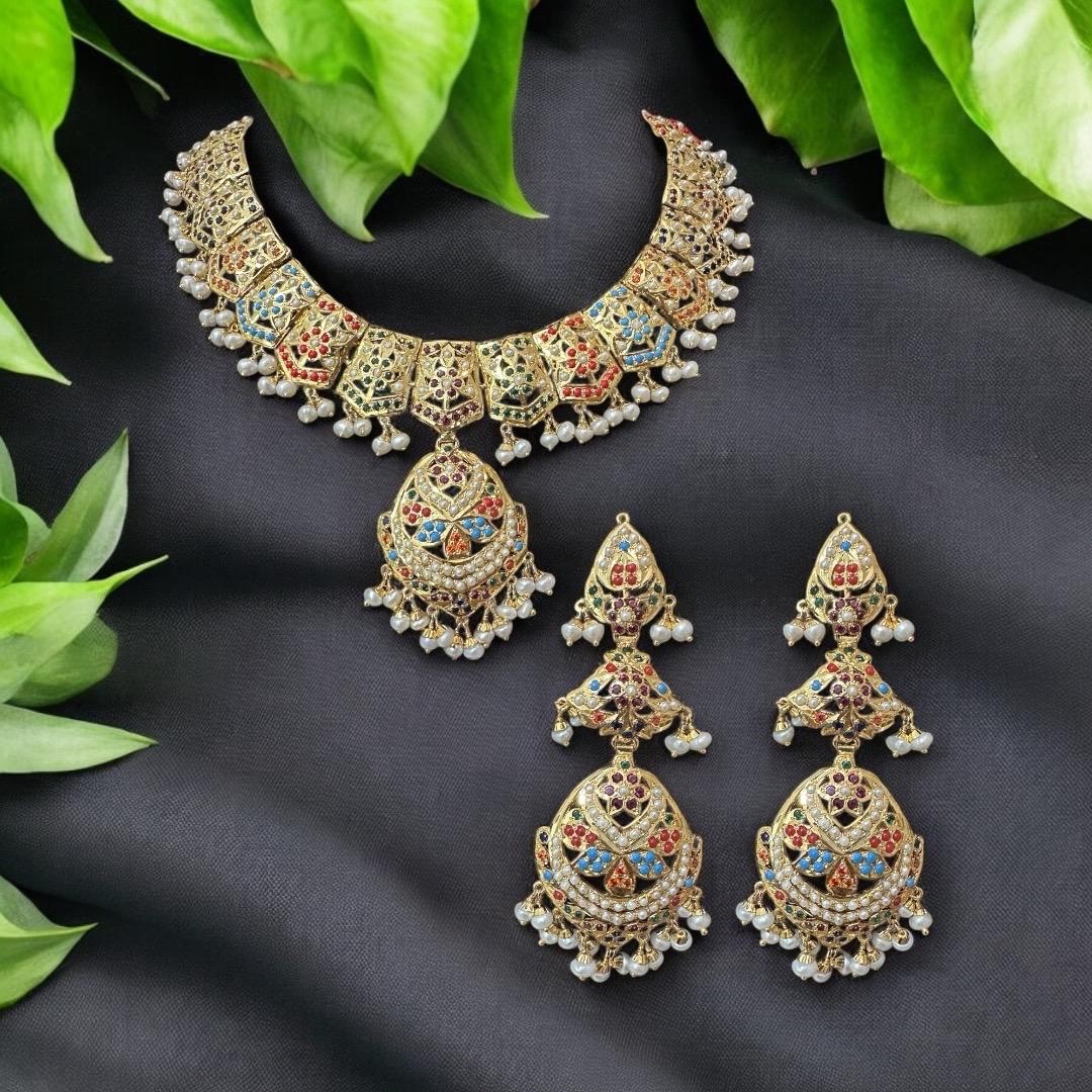 Navratan / multicolor jadau necklace with earrrings on gold plated silver , Deccan jewelry